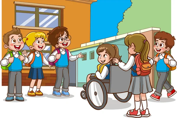 Cute Kids Talking Schoolyard Cartoon Vector — Stock Vector