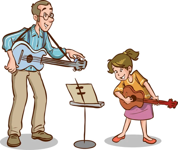 Mädchen Lernt Gitarre Spielen Und Musiklehrercartoon Vektor — Stockvektor