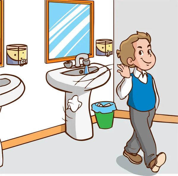Menino Poluente Jogando Lixo Chão Banheiro Escola — Vetor de Stock