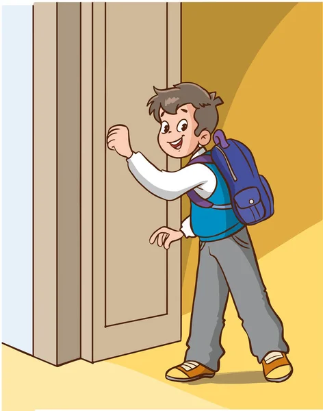 Μαθητής Αγόρι Χτυπά Την Πόρτα Της Τάξης Διάνυσμα Κινουμένων Σχεδίων — Διανυσματικό Αρχείο
