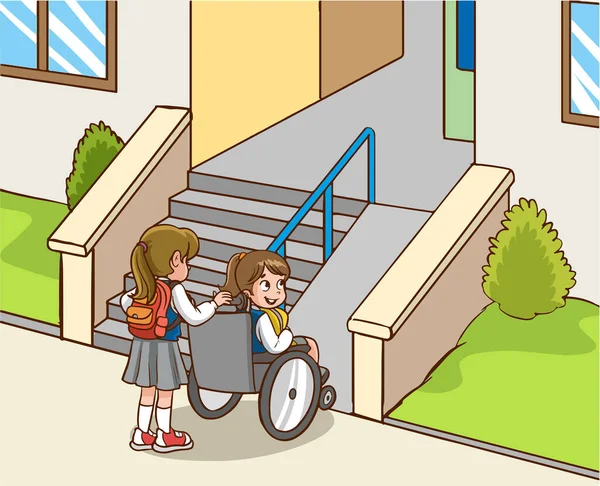 Helpful Child Carrying Her Friend Wheelchair Exemplary Behavioral Training Cartoon — Stock Vector