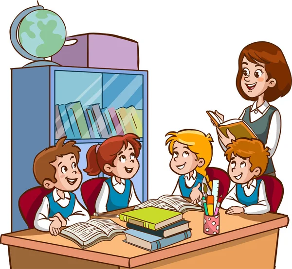 Students Doing Group Work Classroom Cartoon Vector — Stock Vector