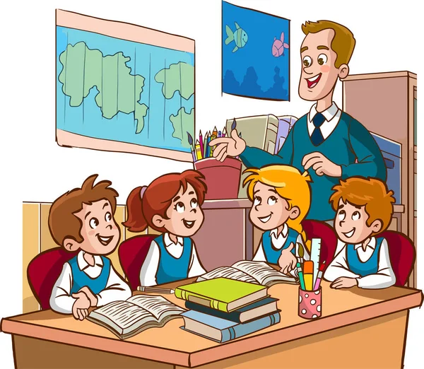 Schüler Bei Gruppenarbeit Klassenzimmer Cartoon Vektor — Stockvektor
