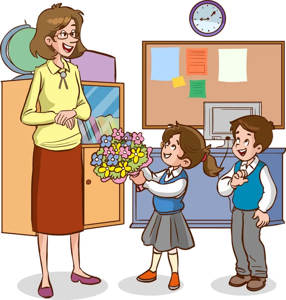 Söta Små Skolbarn Som Ger Blommor Till Sin Lärare — Stock vektor
