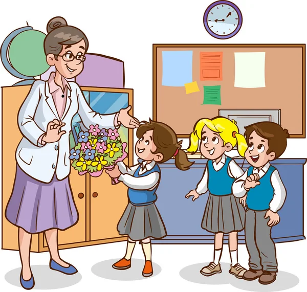 Słodkie Małe Dzieci Dając Kwiaty Jej Nauczyciela — Wektor stockowy