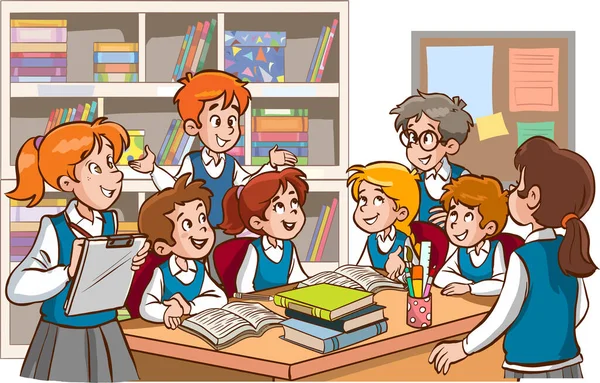 Lindos Niños Pequeños Estudiando Juntos Ilustración Vector Dibujos Animados — Vector de stock