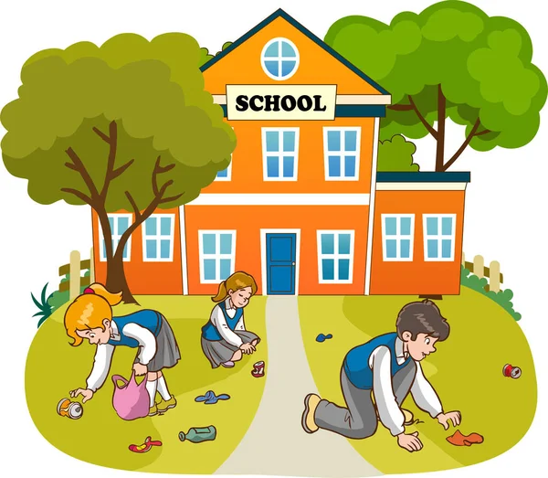 学校の漫画のベクトルのイラストを掃除ボランティア — ストックベクタ