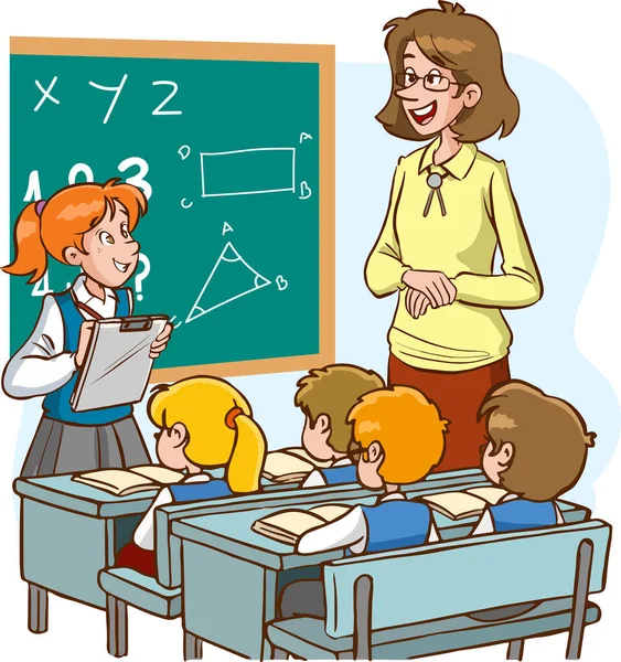 Teacher Students Studying Classroom Cartoon Vector — Stock Vector