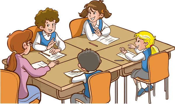 Öğrenciler Grup Çalışması Yapıyor Öğrenciler Sınıf Karikatür Vektöründe Öğretmenle Birlikte — Stok Vektör