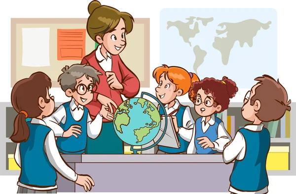 Teacher Students Studying Classroom Cartoon Vector — Stock Vector