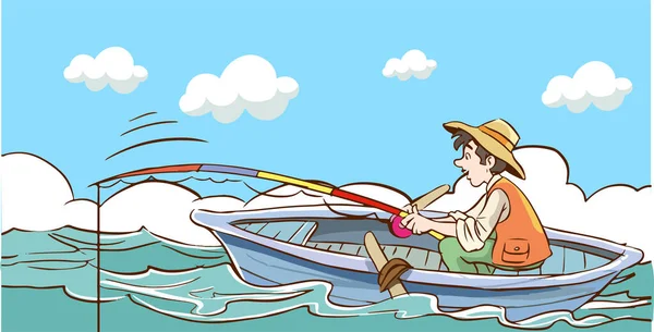 Fisherman Sitting Boat Vector Illustration Multyashnaya Comical Red Bearded Man — Stock Vector