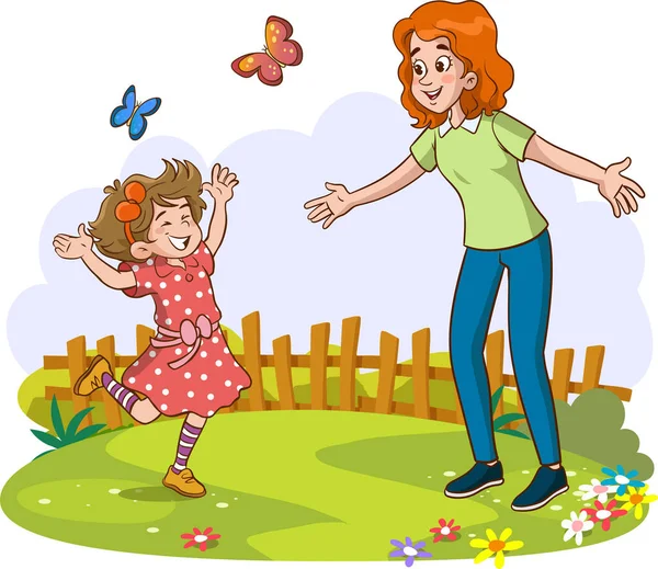 Vector Illustration Cute Kids Running Hug Mom Mother Children Love — Stock Vector