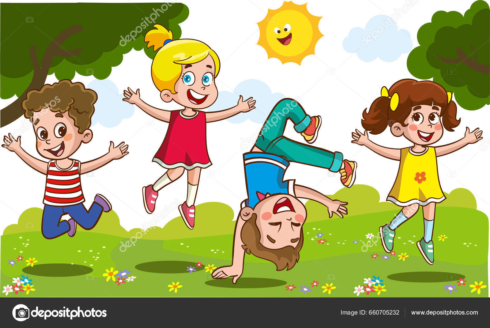 Happy Little Kids Having Fun Vector Illustration Cute Kids Jumping ...