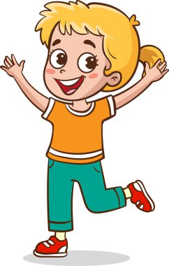 Küçük, şirin bir kızın zıplama ve eğlenme karikatürü.