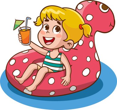 Küçük kız şişme flamingoda oturuyor ve portakal suyu resimlerini içiyor.