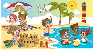 Çocuklar deniz kıyısındaki yaz kampında yüzerken güneşleniyorlar. Küçük çocuk topla oynuyor. Kumsaldaki çocuklar kumdan kale yapıyorlar..