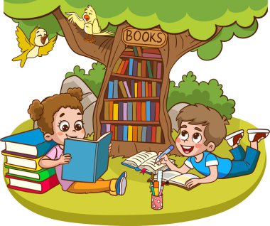 Güzel çocuklar ağacın altında birlikte kitap okuyor.