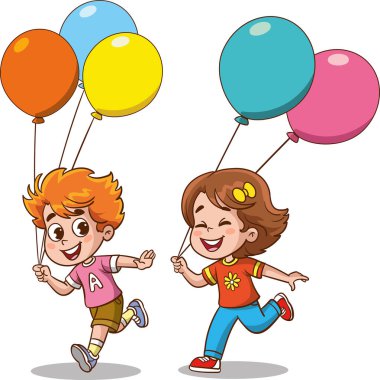 Balonlarla koşan şirin çocuklar.