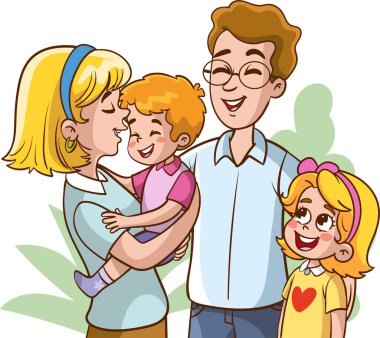 Mutlu bir aile. Baba, anne, çocuklar. Ebeveynler çocuklarına göz kulak oluyorlar. Düz bir şekilde vektör illüstrasyonu
