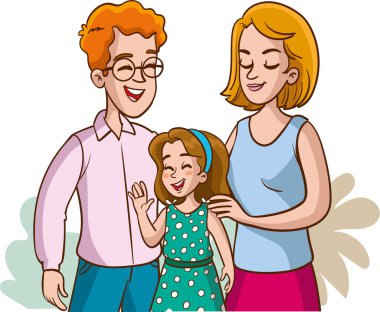 Mutlu bir aile. Baba, anne, çocuklar. Ebeveynler çocuklarına göz kulak oluyorlar. Düz bir şekilde vektör illüstrasyonu