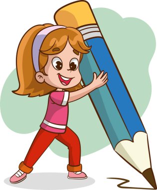 Çocuklar büyük bir kalem karikatür vektörü ile yazıyorlar