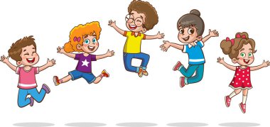 Mutlu küçük çocuklar eğleniyor. Dans eden şirin çocukların vektör çizimi