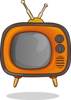 Vektör çizimi. Analog retro TV, anten ve turuncu plastik gövdeli. Haber ve çeviri için televizyon kutusu. Grafik tasarımı için konturlu keski sanatı. Beyaz arkaplanda izole