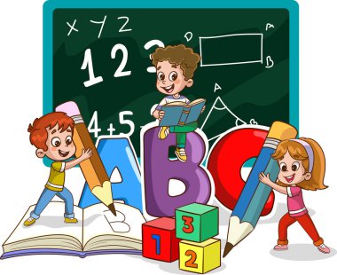 Vektör çizim çocuklar ve alfabe karakterleri