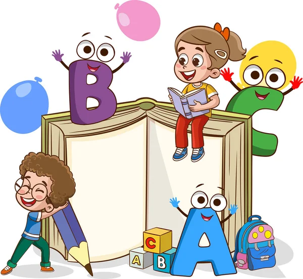Ilustração Crianças Lendo Livro Com Tema Volta Escola —  Vetores de Stock