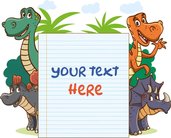 子供の教育漫画ベクトルのためのかわいい恐竜と空白のメモ用紙 — ストックベクタ