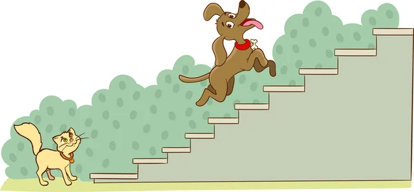 Gato Perro Subir Escaleras Vector Dibujos Animados — Vector de stock
