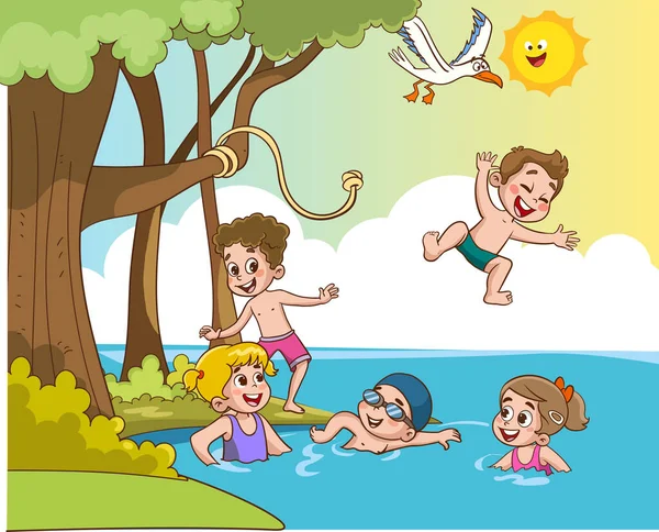 Χαριτωμένα Παιδιά Που Διασκεδάζουν Στη Θάλασσα — Διανυσματικό Αρχείο
