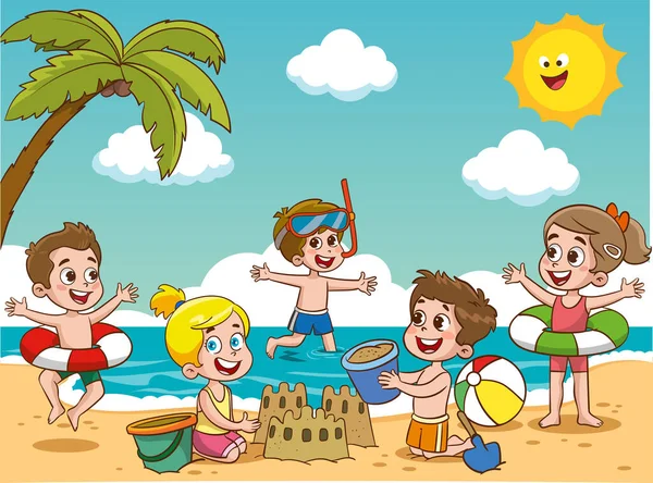 Παιδιά Κάνουν Ηλιοθεραπεία Κολυμπώντας Στη Θάλασσα Στη Θερινή Παιδική Κατασκήνωση — Διανυσματικό Αρχείο