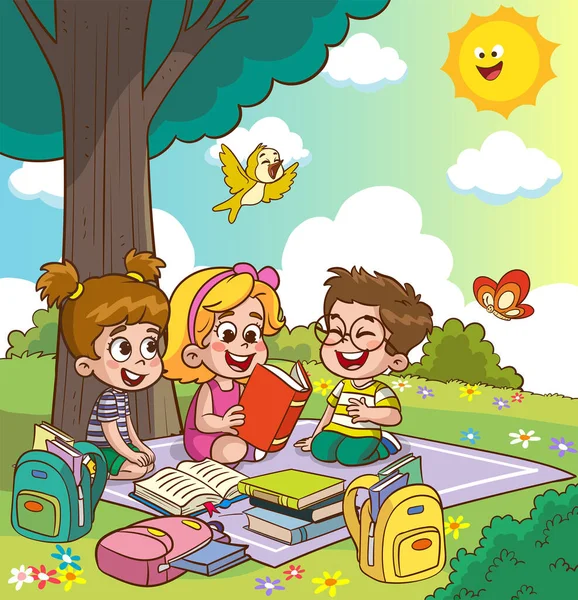 Χαριτωμένα Παιδιά Που Διαβάζουν Μαζί Κάτω Από Δέντρο — Διανυσματικό Αρχείο