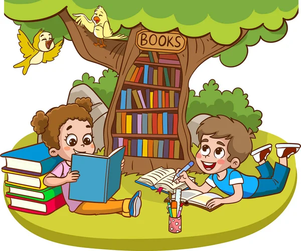 Cute Kids Reading Together Tree — Stock Vector