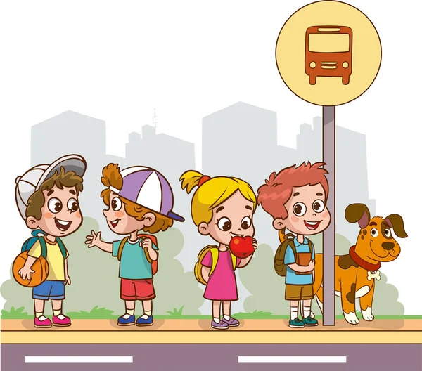 Lindos Niños Esperando Autobús Escolar — Vector de stock