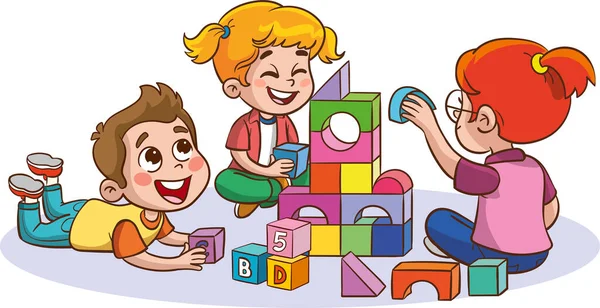 儿童在白色背景下玩彩色方块的说明 — 图库矢量图片