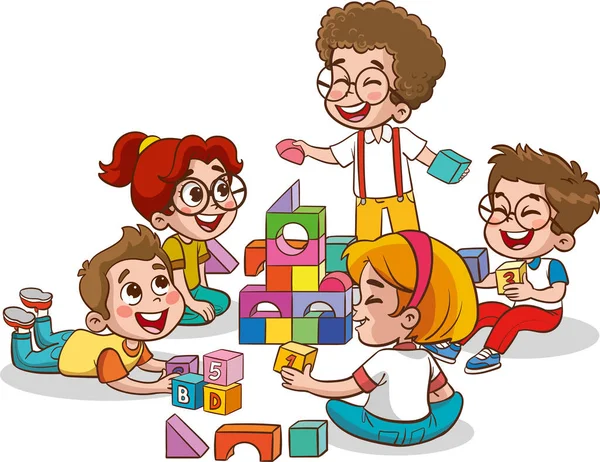 Illustratie Van Kinderen Spelen Met Kleurrijke Blokken Een Witte Achtergrond — Stockvector
