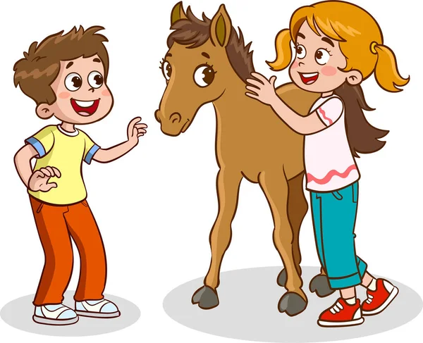 happy children and farm animals horse