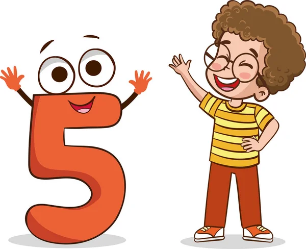 Happy Cute Little Kid Studies Number Character — Stock Vector