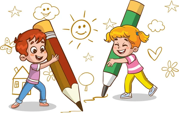 Gyerekek Nagy Ceruza Rajz Vektor Illusztráció — Stock Vector