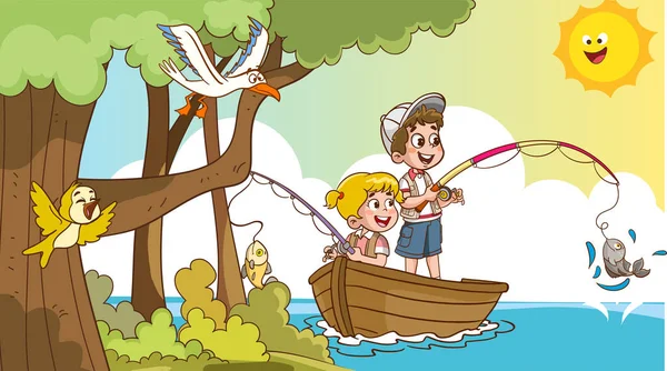 子供釣り漫画ベクトルイラスト — ストックベクタ