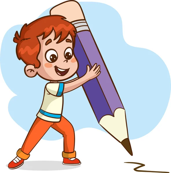 Çocuklar Büyük Bir Kalem Karikatür Vektörü Ile Yazıyorlar — Stok Vektör
