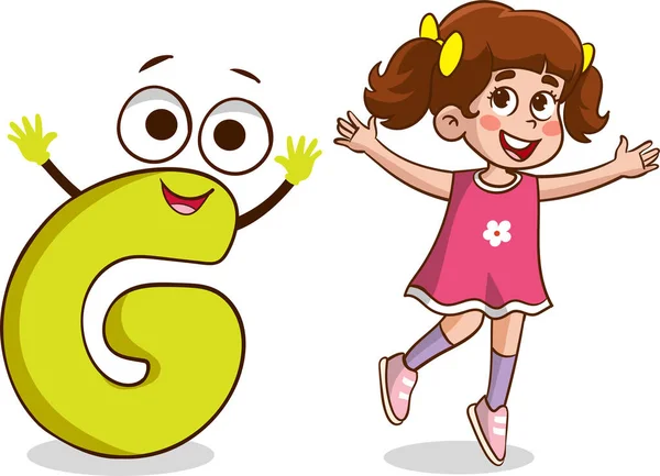 Happy Cute Little Kid Studies Alphabet Letter Character — Stock Vector