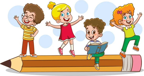 有教育材料的有趣的教育图像 有趣的孩子乘坐彩色铅笔卡通矢量飞行 — 图库矢量图片