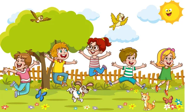 Bambini Felici Che Divertono Illustrazione Vettoriale Simpatici Bambini Che Saltano — Vettoriale Stock