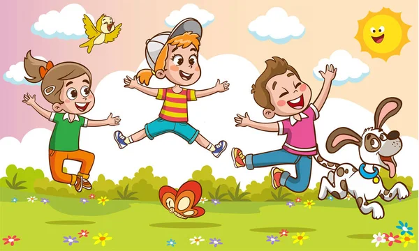 Szczęśliwe Małe Dzieci Dobrze Się Bawią Wektor Ilustracja Słodkie Dzieci — Wektor stockowy