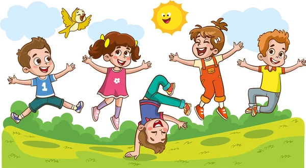 Happy Little Kids Having Fun Vector Illustration Cute Kids Jumping — Stock Vector