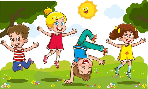 Šťastné Malé Děti Baví Vektorové Ilustrace Roztomilé Děti Skákání Tanec — Stockový vektor