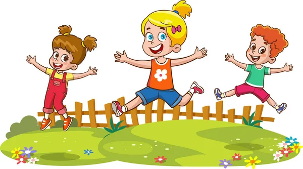 楽しさを持つ幸せな小さな子供たち 可愛い子供たちが飛び跳ねて — ストックベクタ